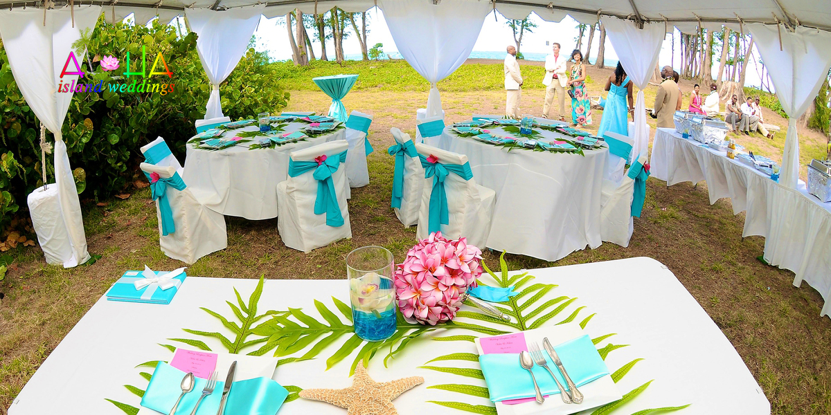 Reception tent at the estate house with tables in turquoise and white and tropical leaf decorations